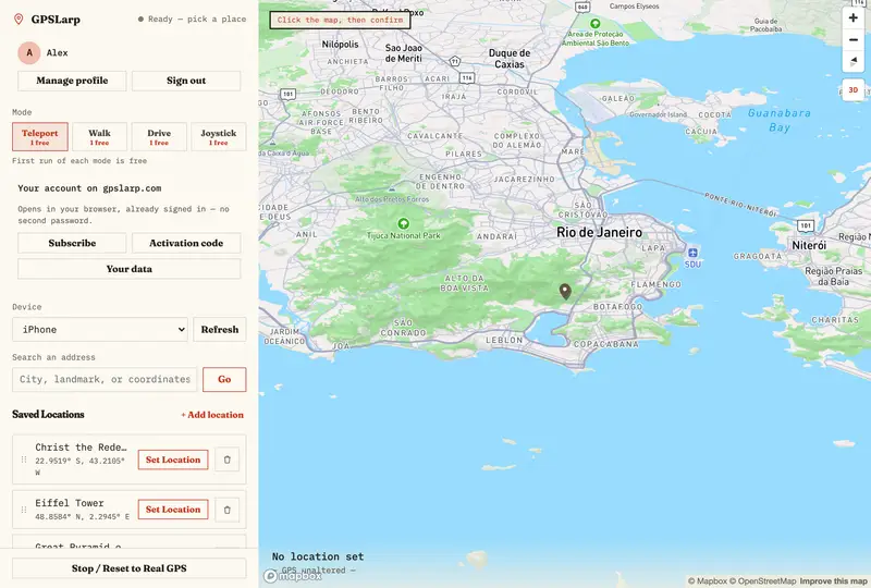 GPSLarp app showing a saved-locations sidebar and a dark map with Christ the Redeemer set as the spoofed location